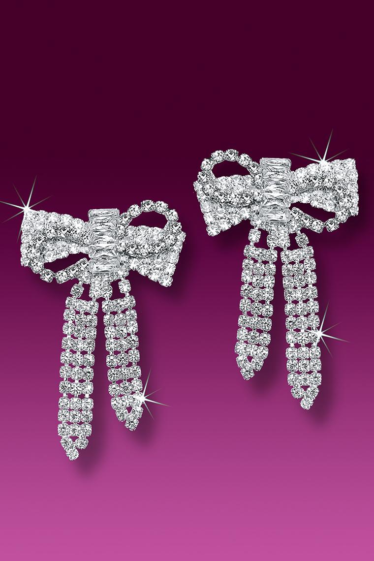 Glamour Crystal Bow Rhinestone Earrings - Pierced