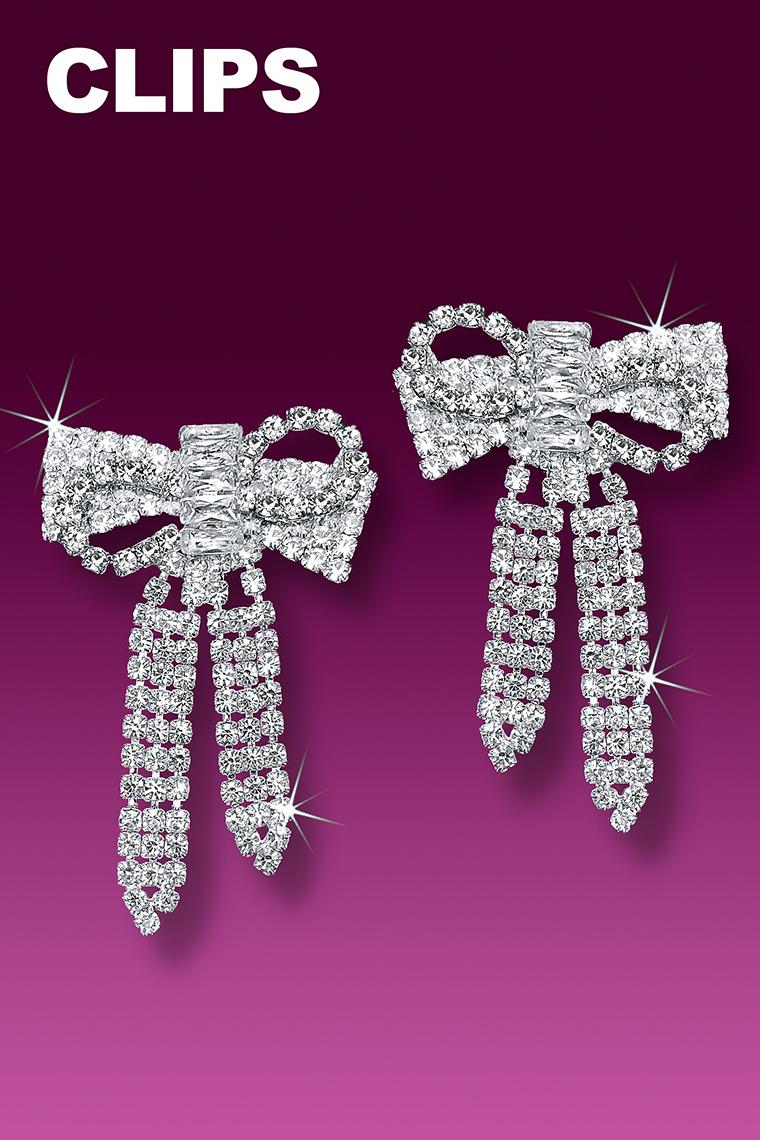 Glamour Crystal Bow Rhinestone Earrings - Clip-On