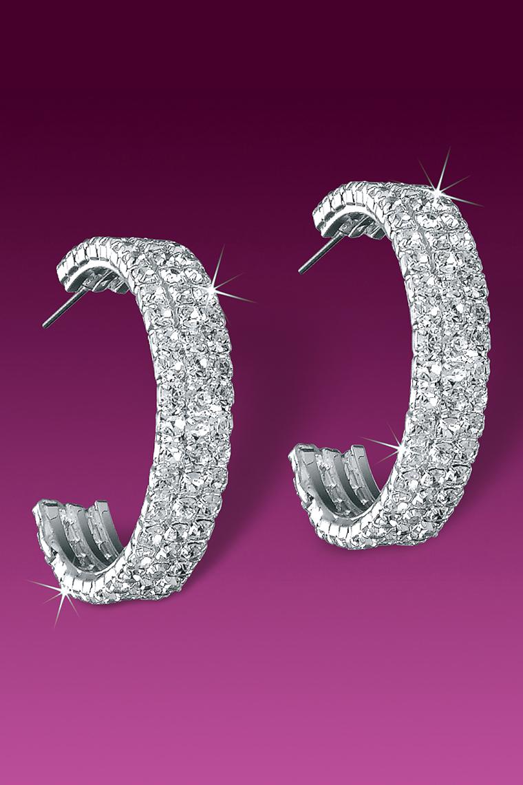 Stunning Triple Row Crystal Rhinestone Hoop Earrings