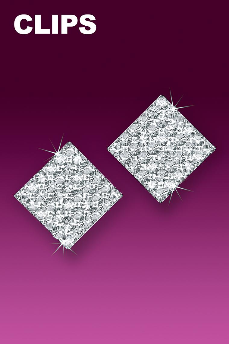Large Square Crystal Rhinestone Earrings - Clip-On