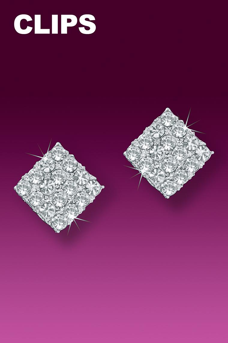 Small Square Crystal Rhinestone Earrings - Clip-On