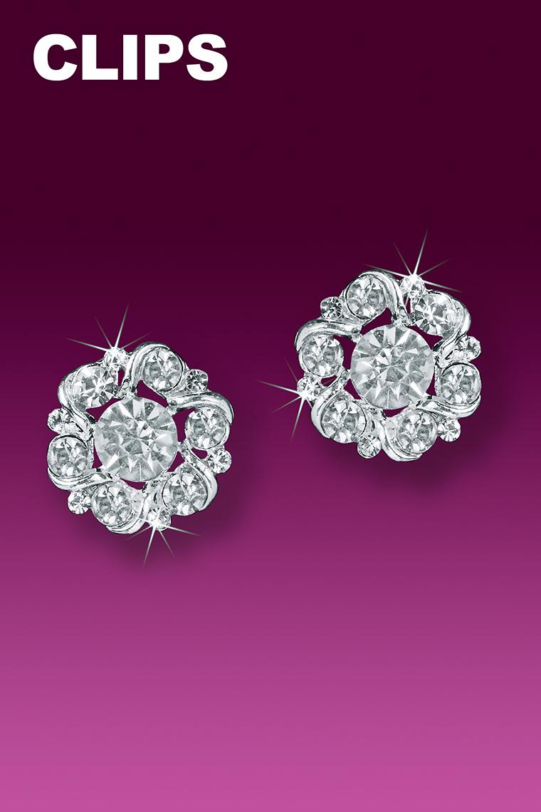 Floret Button Crystal Rhinestone Earrings - Clip-On