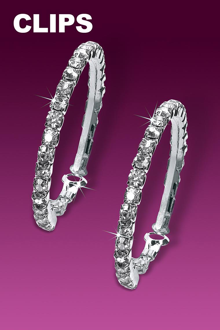 Small Hoop Rhinestone Earrings - Crystal Clip-On