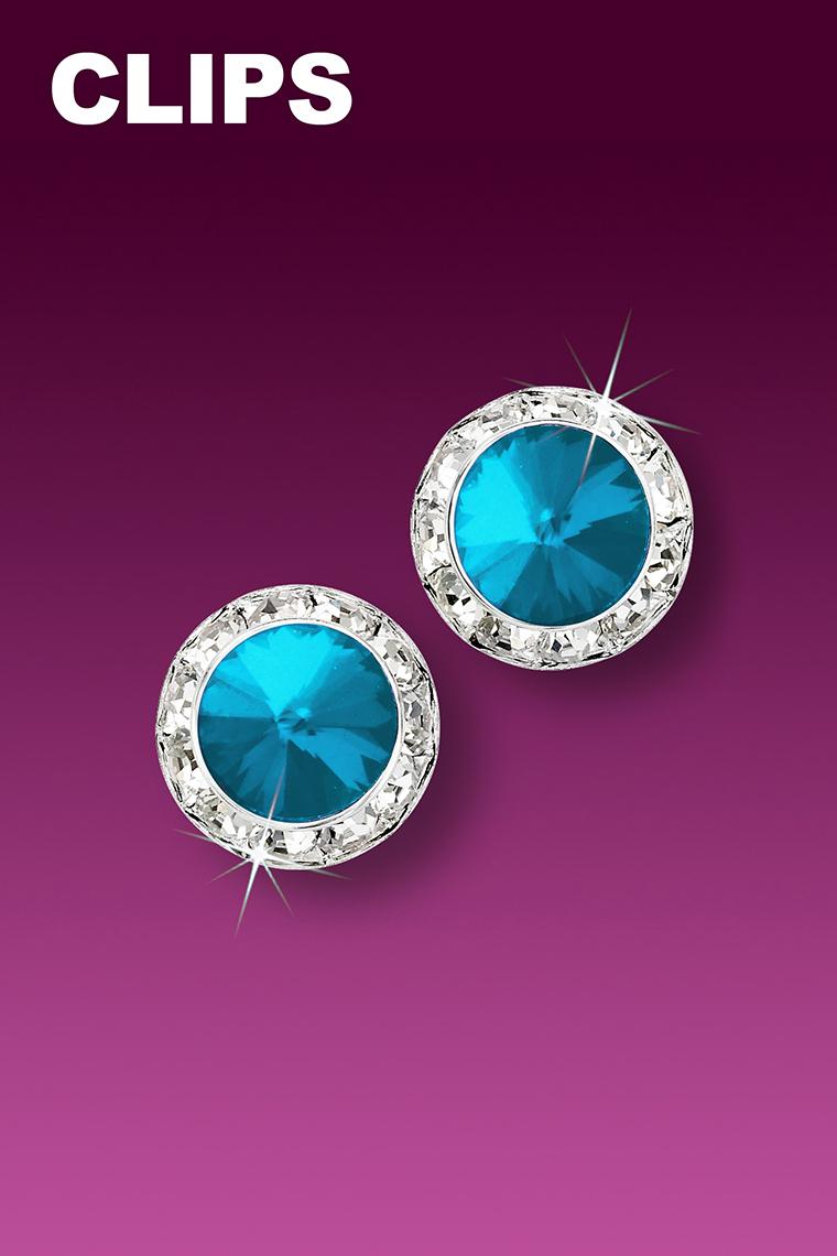 11mm Rhinestone Dance Earrings - Bright Blue Clip-On