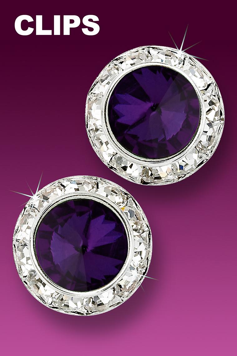20mm Rhinestone Dance Earrings - Dark Purple Clip-On