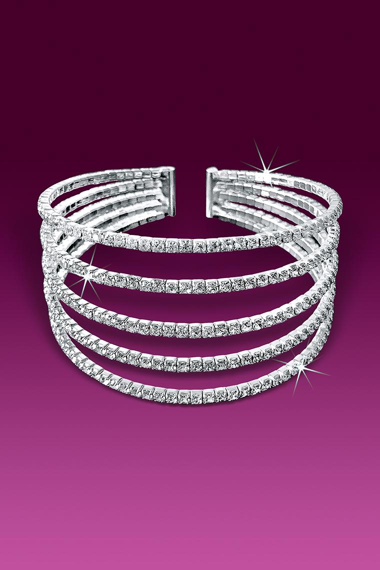 5-Row Rhinestone Flexible Cuff Bracelet - Crystal