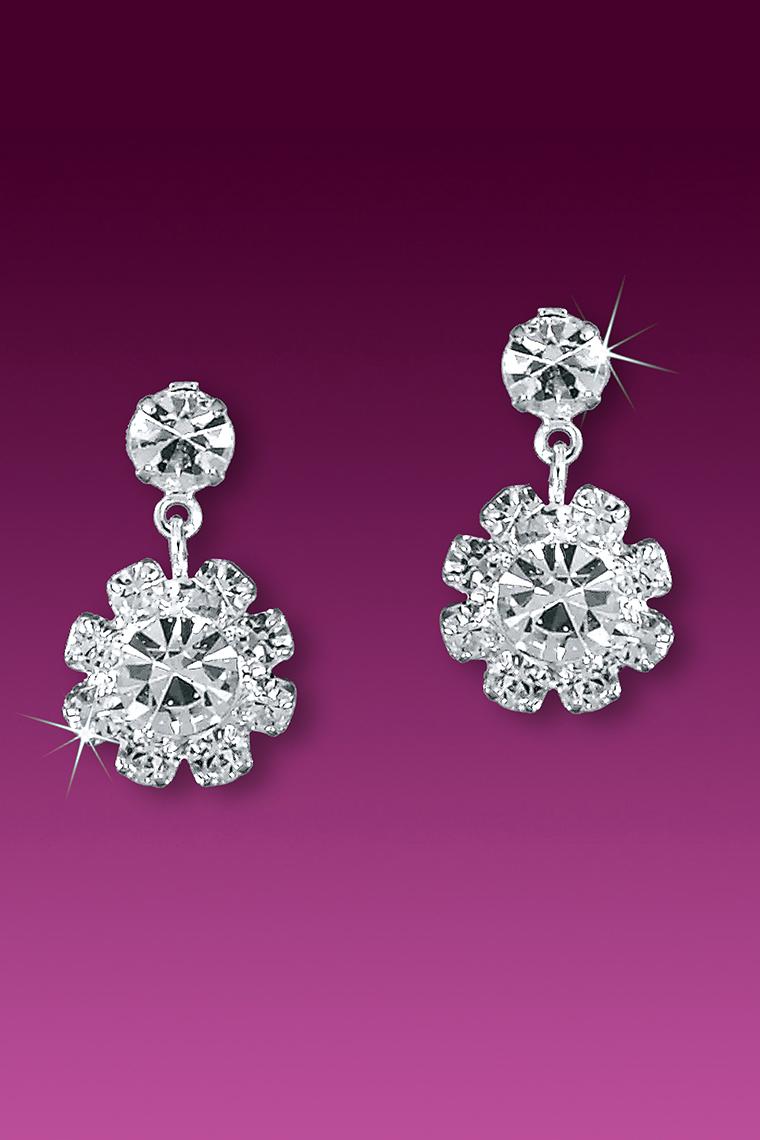 Small Floral Crystal Rhinestone Drop Earrings - Pierced