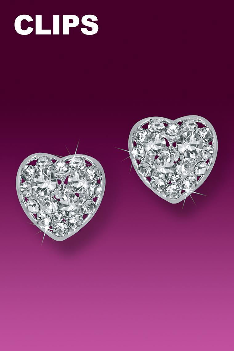 Dazzling Heart Button Rhinestone Earrings - Clip-On