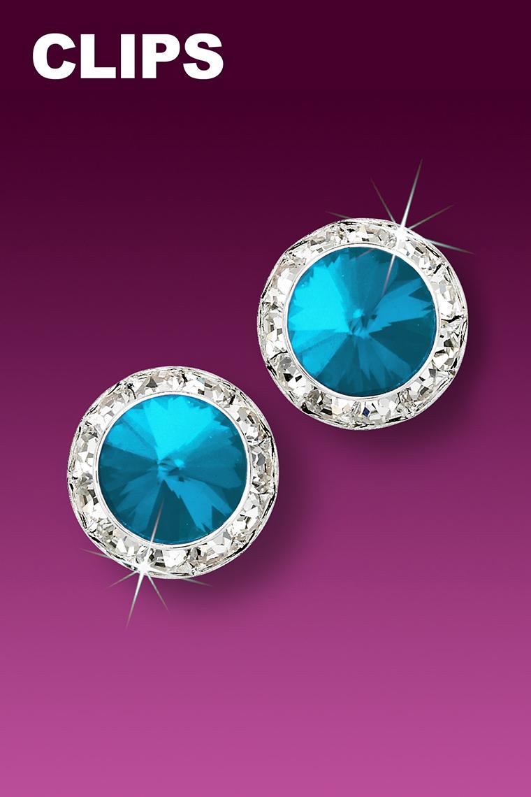 13mm Rhinestone Dance Earrings - Bright Blue Clip-On