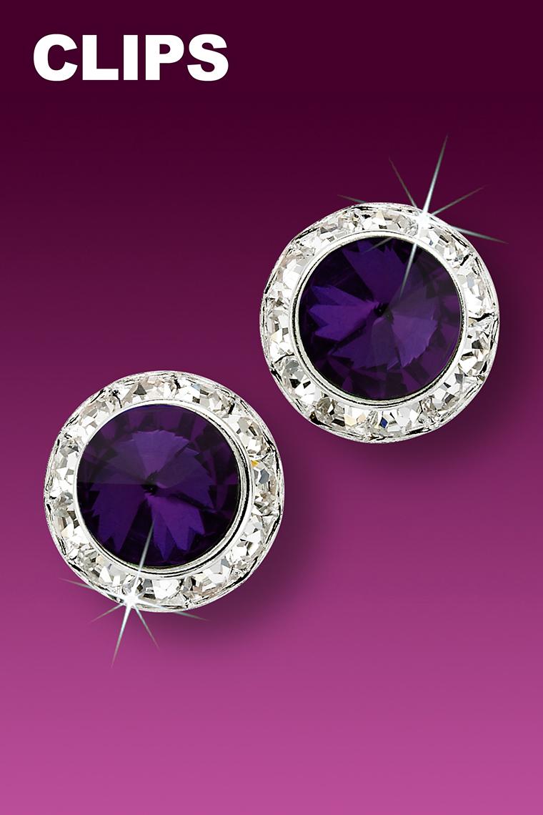 15mm Rhinestone Dance Earrings - Dark Purple Clip-On