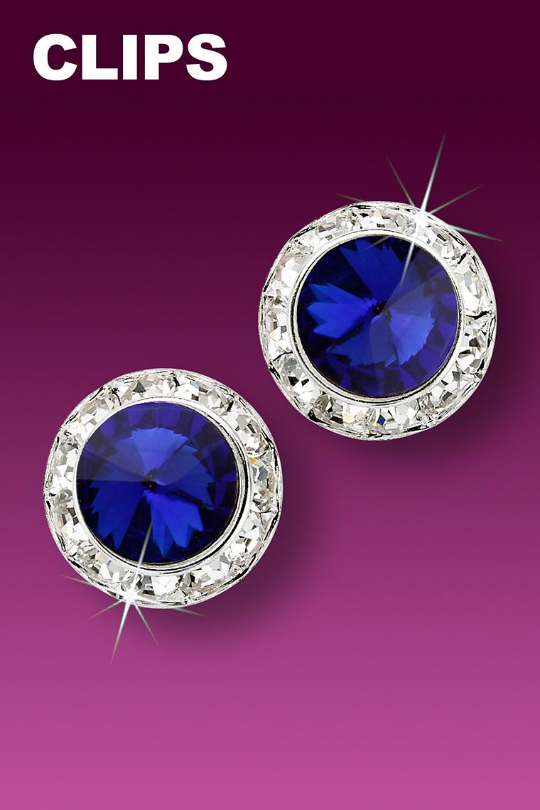 15mm Rhinestone Dance Earrings - Dark Blue Clip-On