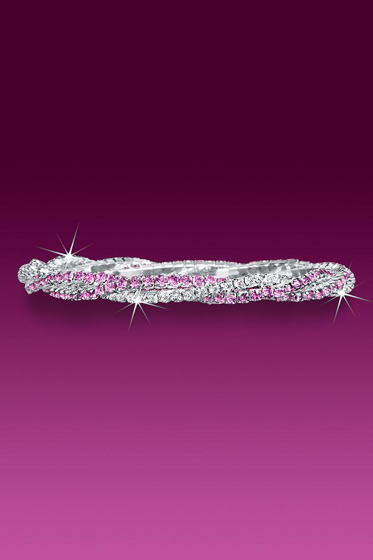 3-Row Twisted Rhinestone Stretch Bracelet - Crystal And Pink