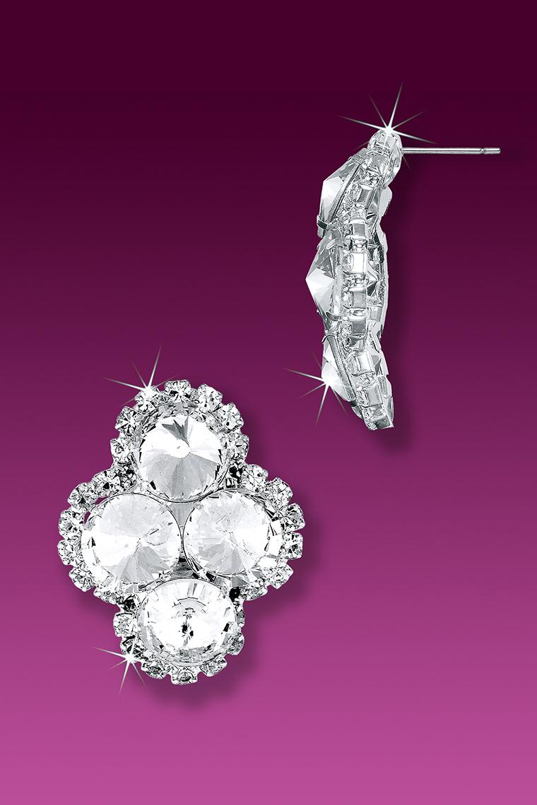Large 4 Cluster Rhinestone Earrings - Crystal Pierced