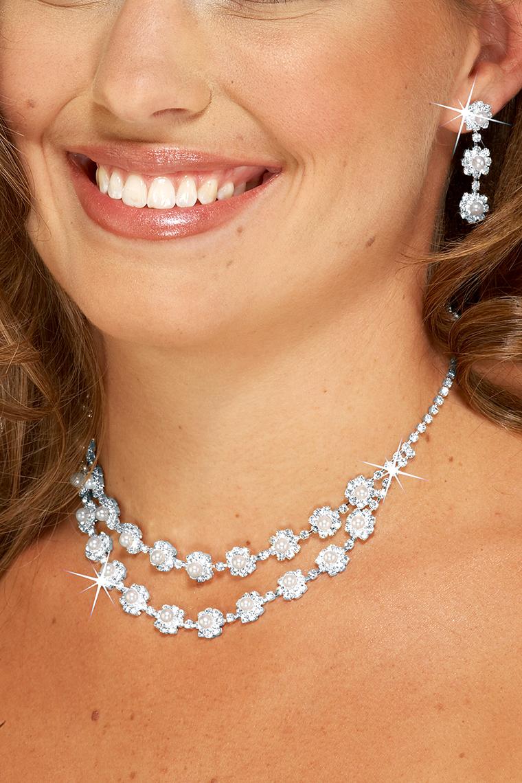 Flowered 2-Row Pearl and Crystal Rhinestone Jewelry Set