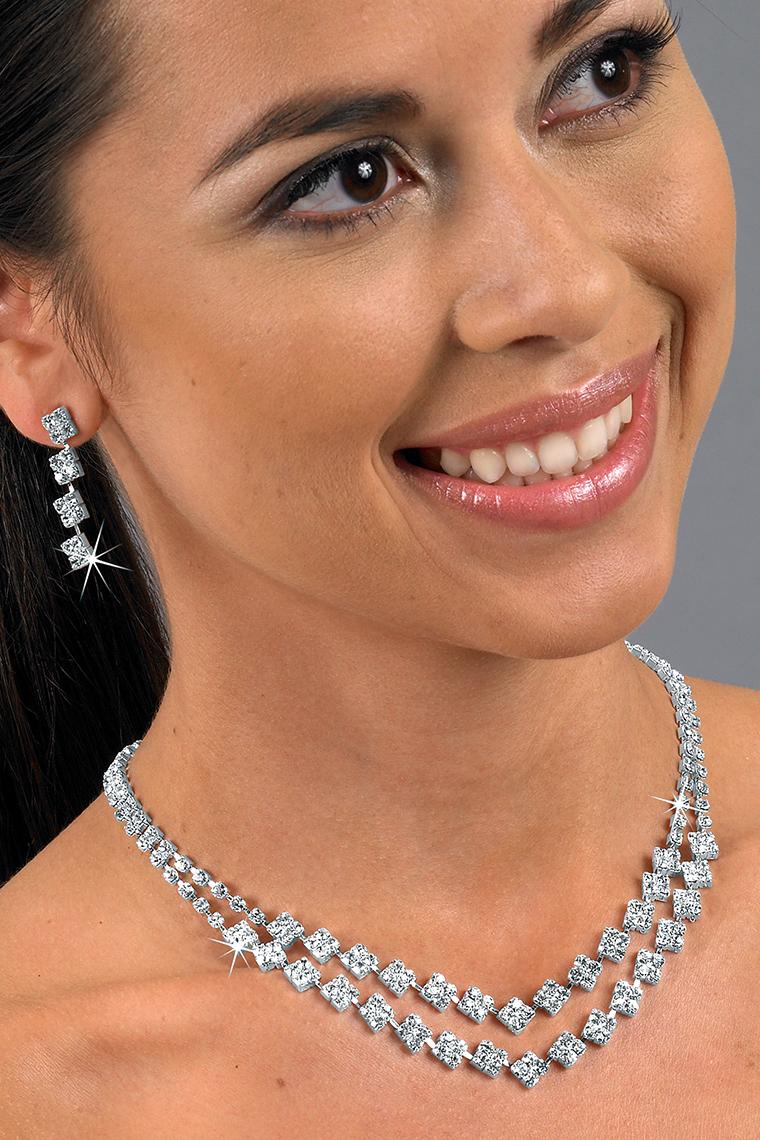 Tiffany Style 2-Row Crystal Rhinestone Jewelry Set