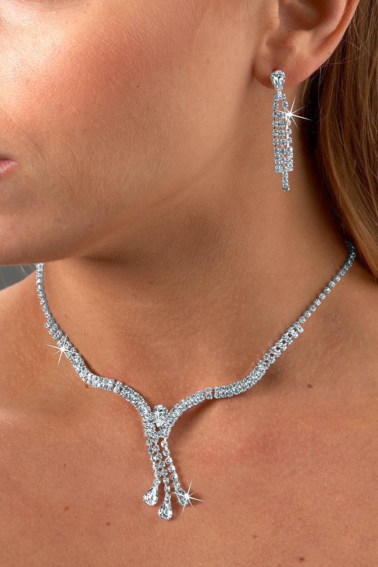 Elegant Triple Rhinestone Drop Jewelry Necklace Set