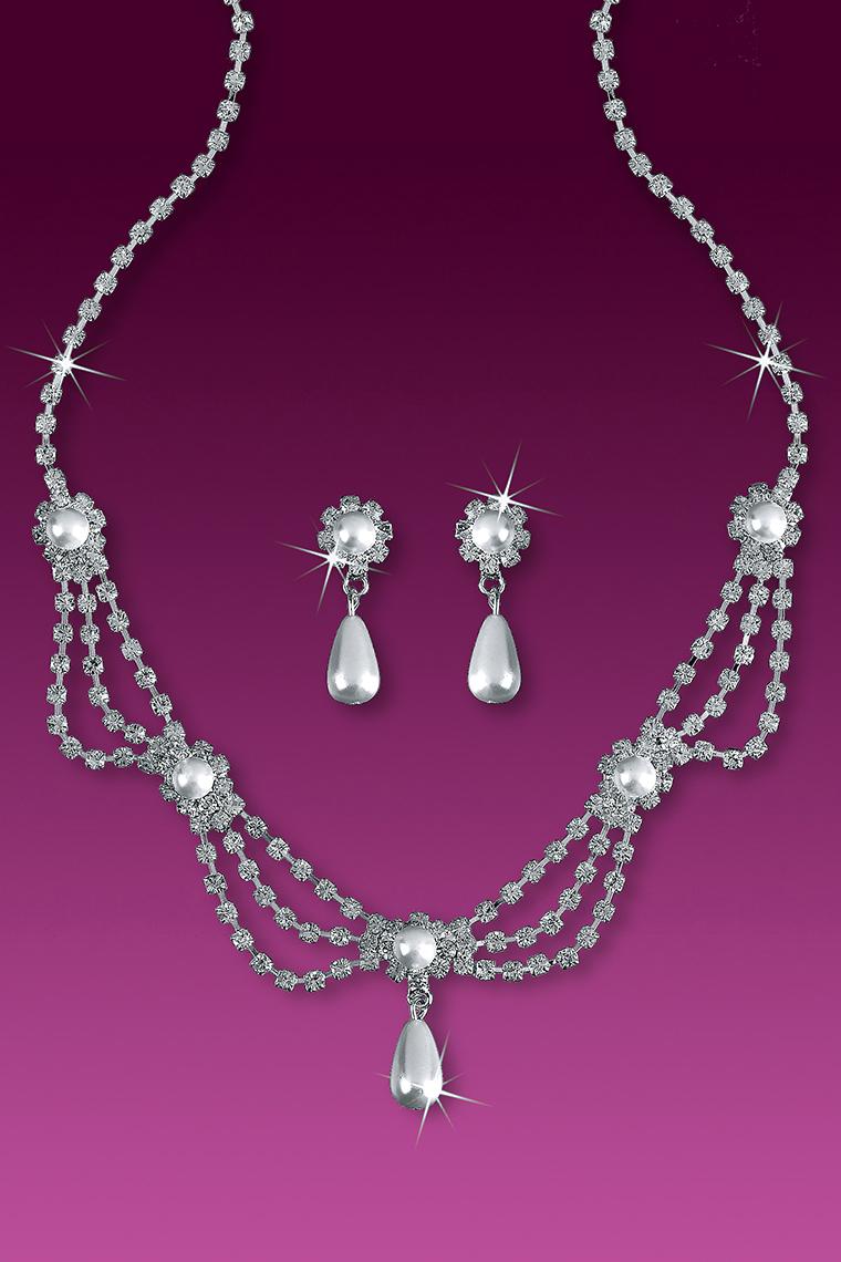Romantic Pearl and Rhinestone Bridal Necklace Set